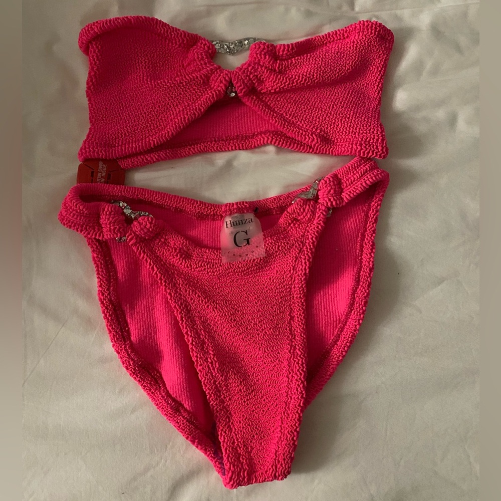 NWT Hunza g nicole embellished crinkle bikini in hot pinkl - Picture 9 of 10